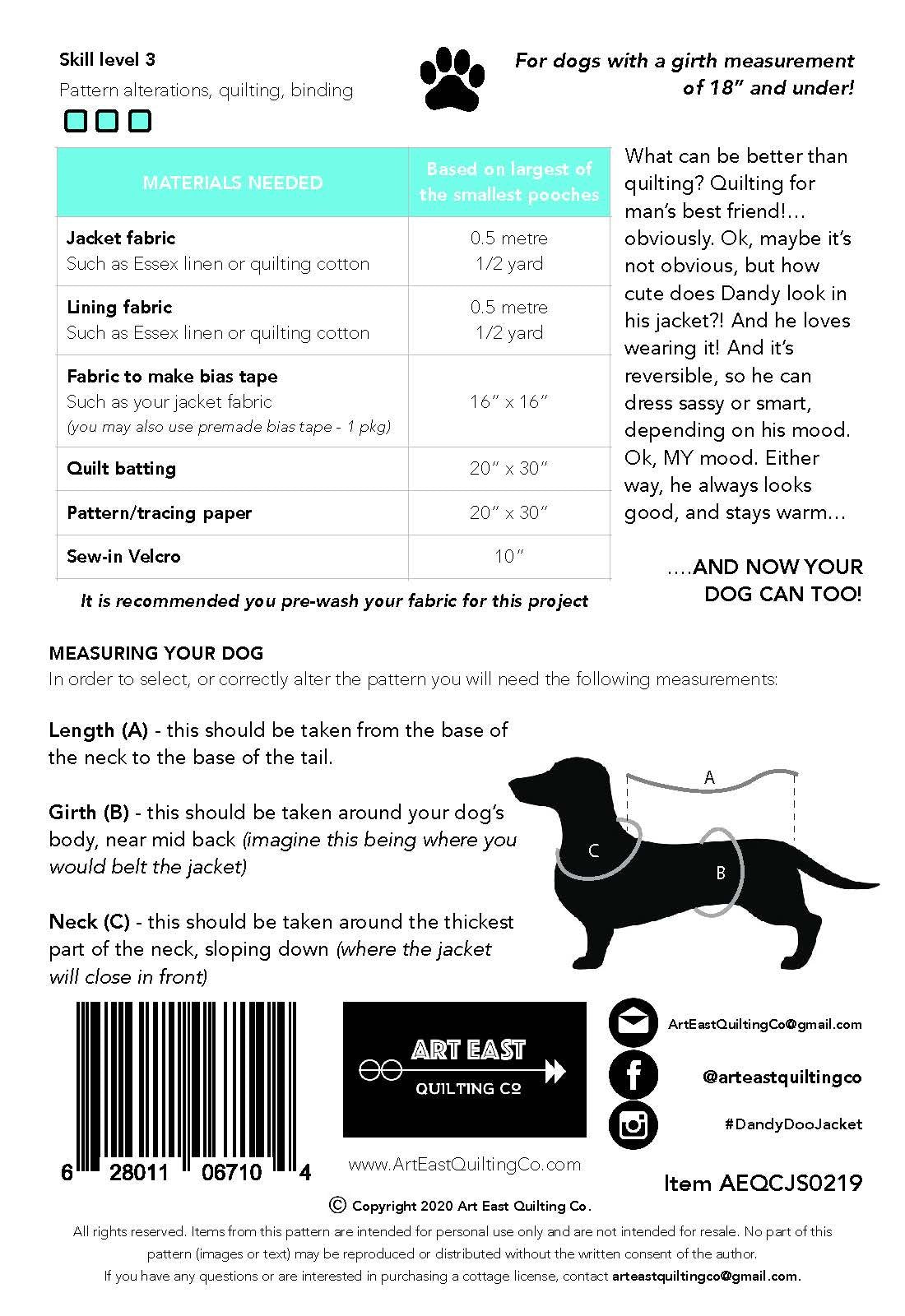 The Dandy-Doo Dog Jacket for Small Dogs Pattern
