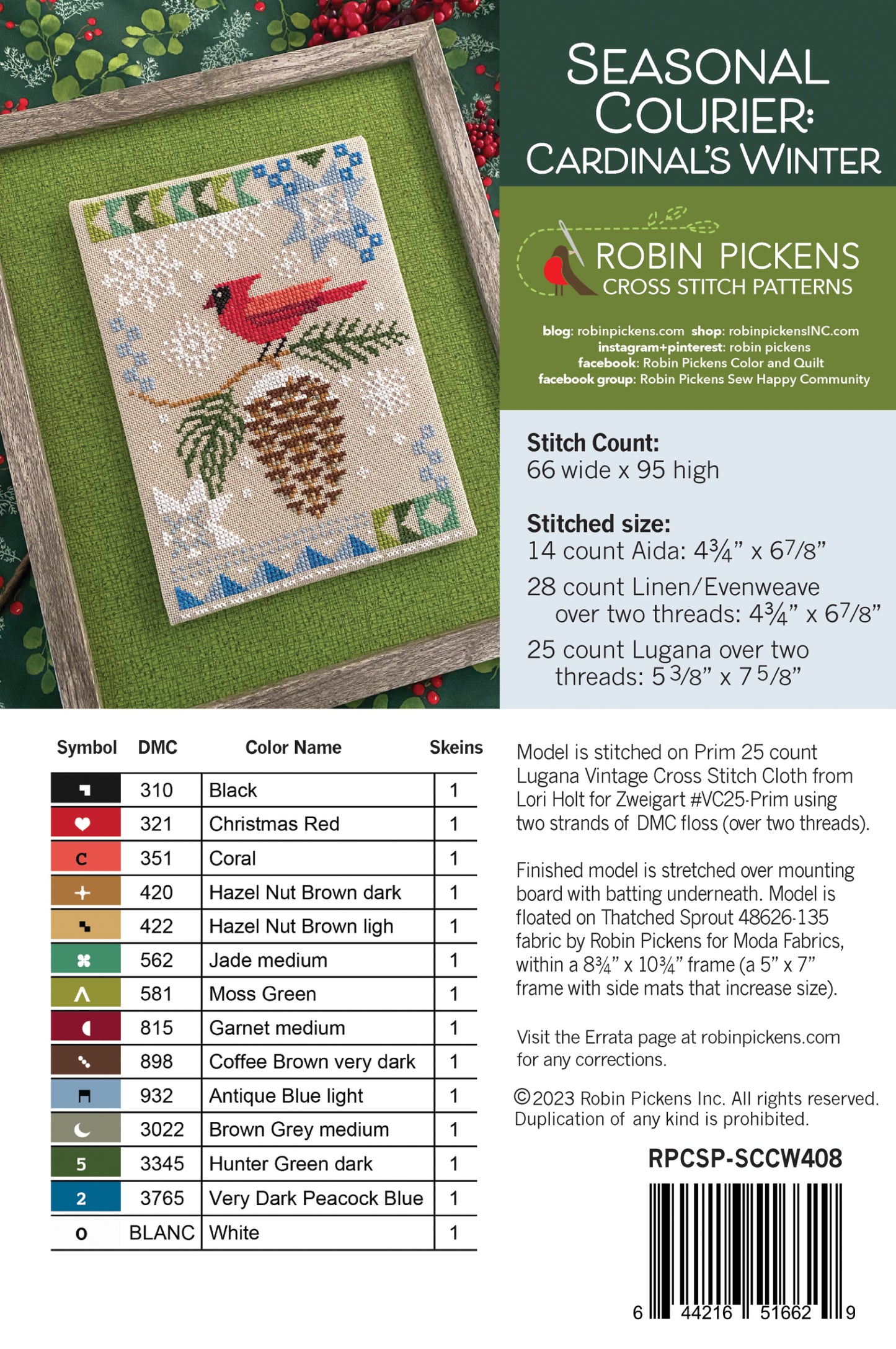Seasonal Courier: Cardinal's Winter Cross Stitch Pattern - Robin Pickens