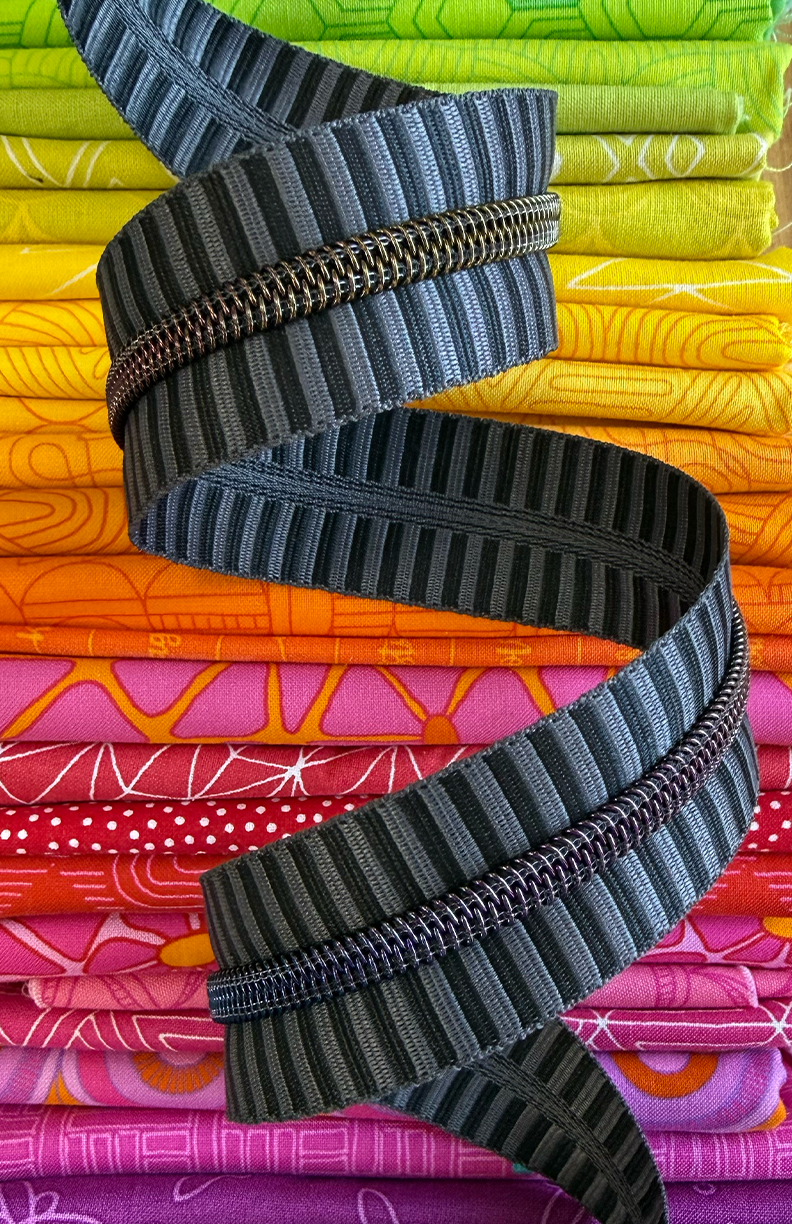 Wide Black & Grey Stripe Zipper Tape with Rainbow Teeth