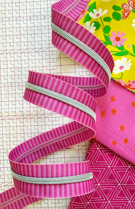 Wide Pink Stripe Zipper Tape with Nickel Teeth