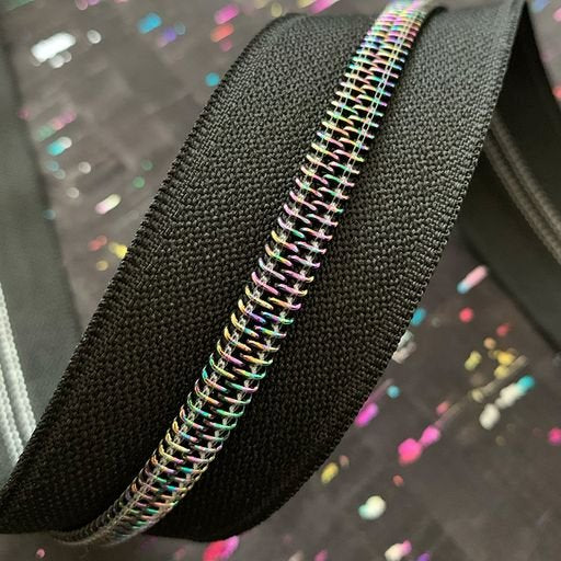Black Zipper Tape with Iridescent Teeth
